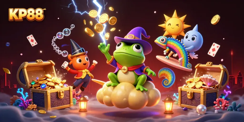 Experience KP88's vibrant casino world with cartoon characters amidst coins and treasure.