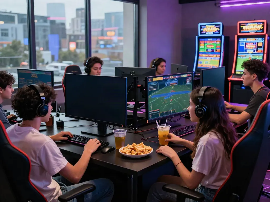Friends enjoying an online gaming session featuring games from https://ku88vt.com/ with vibrant lighting and city views.