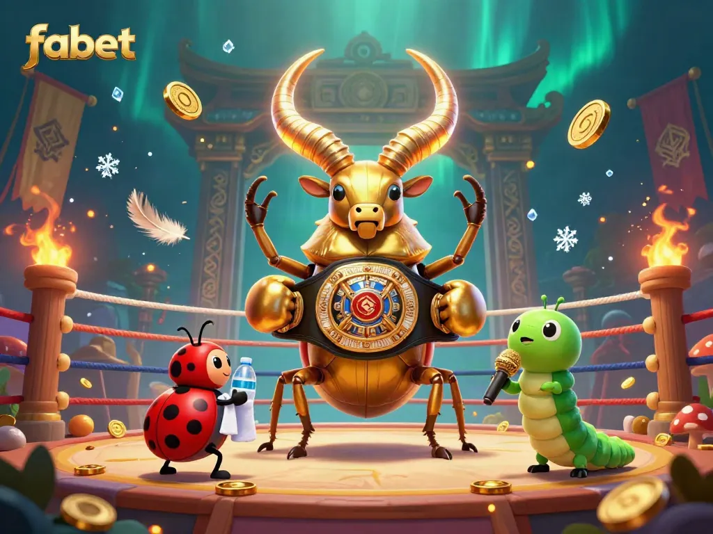 Join the action at fabet with a golden stag beetle champion, as vibrant gambling elements surround the arena.