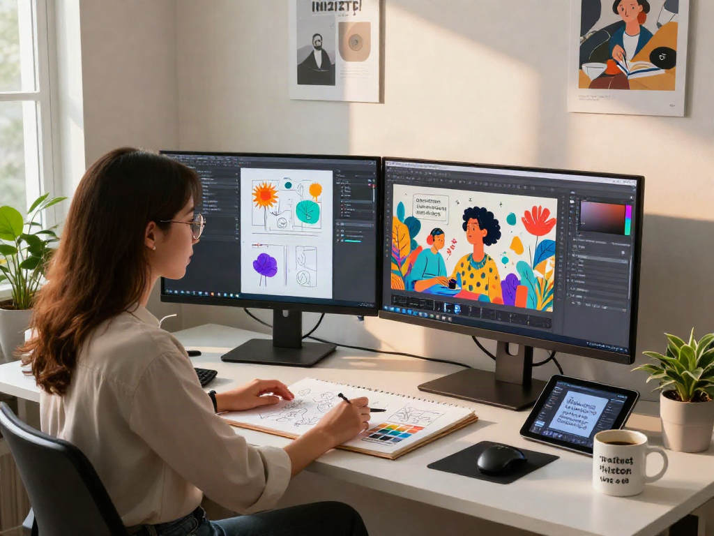 Young professional using an ai image generator from image at a modern digital workspace filled with creativity.