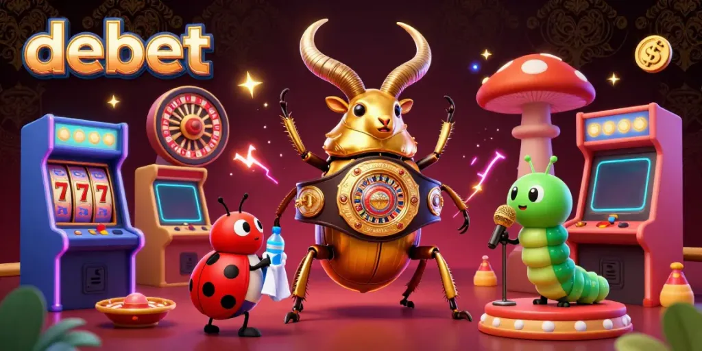 Win big with debet in a colorful casino scene featuring a champion beetle.