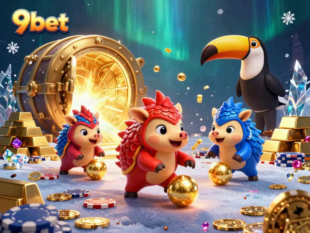 Engage in vibrant 9bet action with rival pangolins bowling through poker chips in a golden treasure scene.