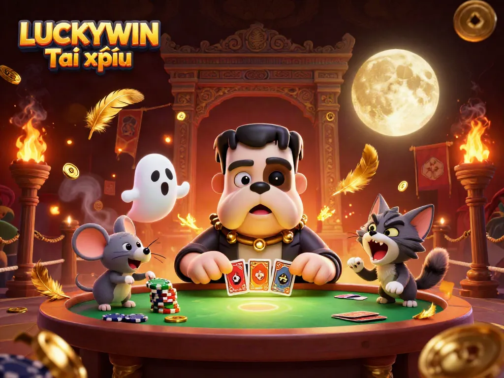 Experience the thrill of LUCKYWIN Tài xỉu with our vibrant casino scene featuring lively characters and dynamic gameplay.
