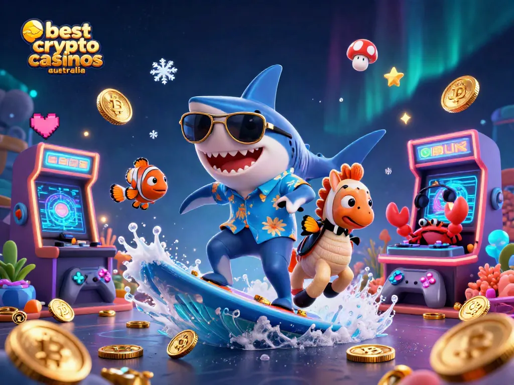 Experience the best crypto casinos Australia through vibrant 3D art showcasing fun characters and casino elements.