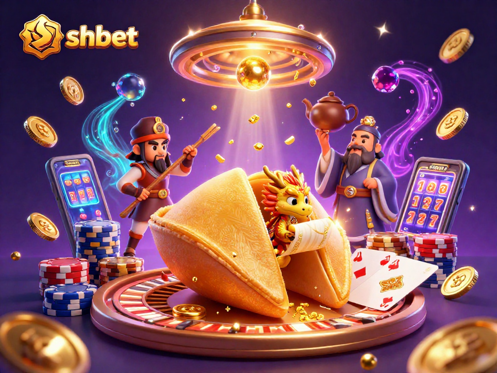 Engage with shbet's vibrant casino world featuring a lively scene with golden fortune cookie and gaming elements.