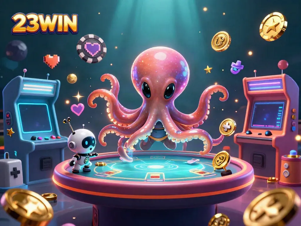 Experience thrilling poker action with 23WIN's alien octopus championing the game at a dazzling table.