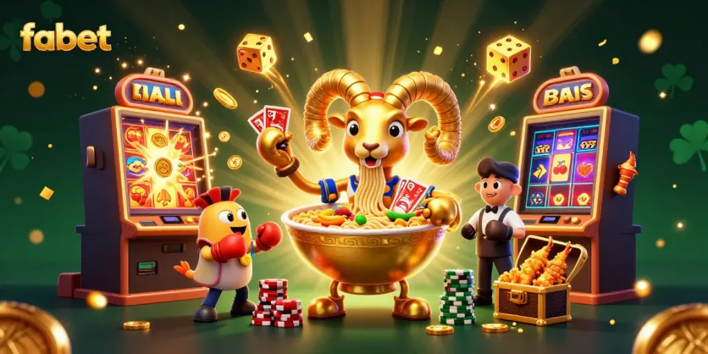 Experience the excitement of fabet with a vibrant, animated casino scene featuring a golden ramen bowl and dazzling slot machines.