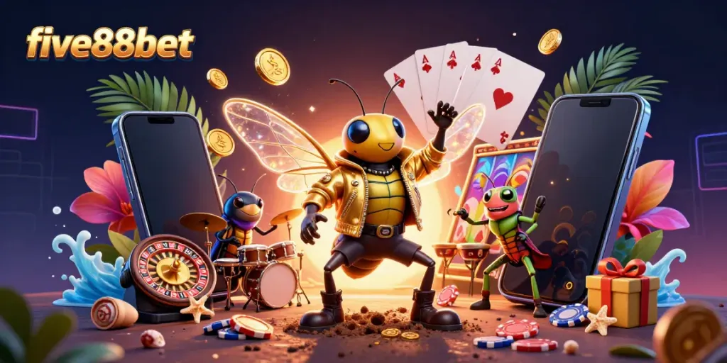 Experience the thrill of five88bet with a energetic casino scene featuring a cicada star, slot games, and vibrant action.