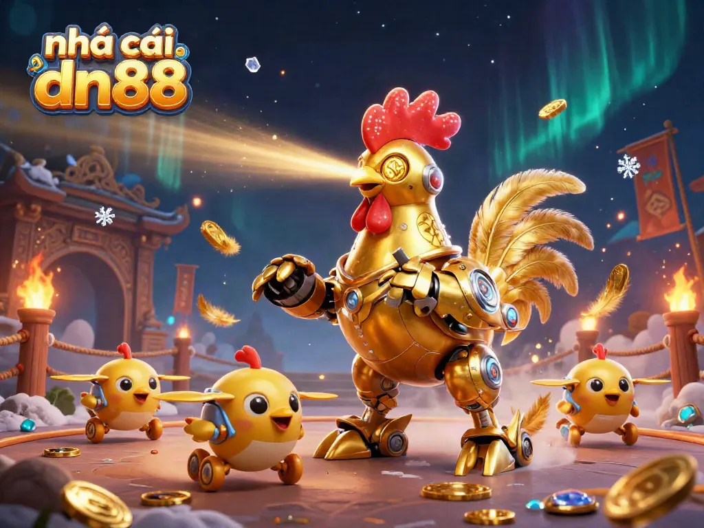 Experience the excitement at nhà cái dn88 with a vibrant golden rooster robot and baby chick drones in action.