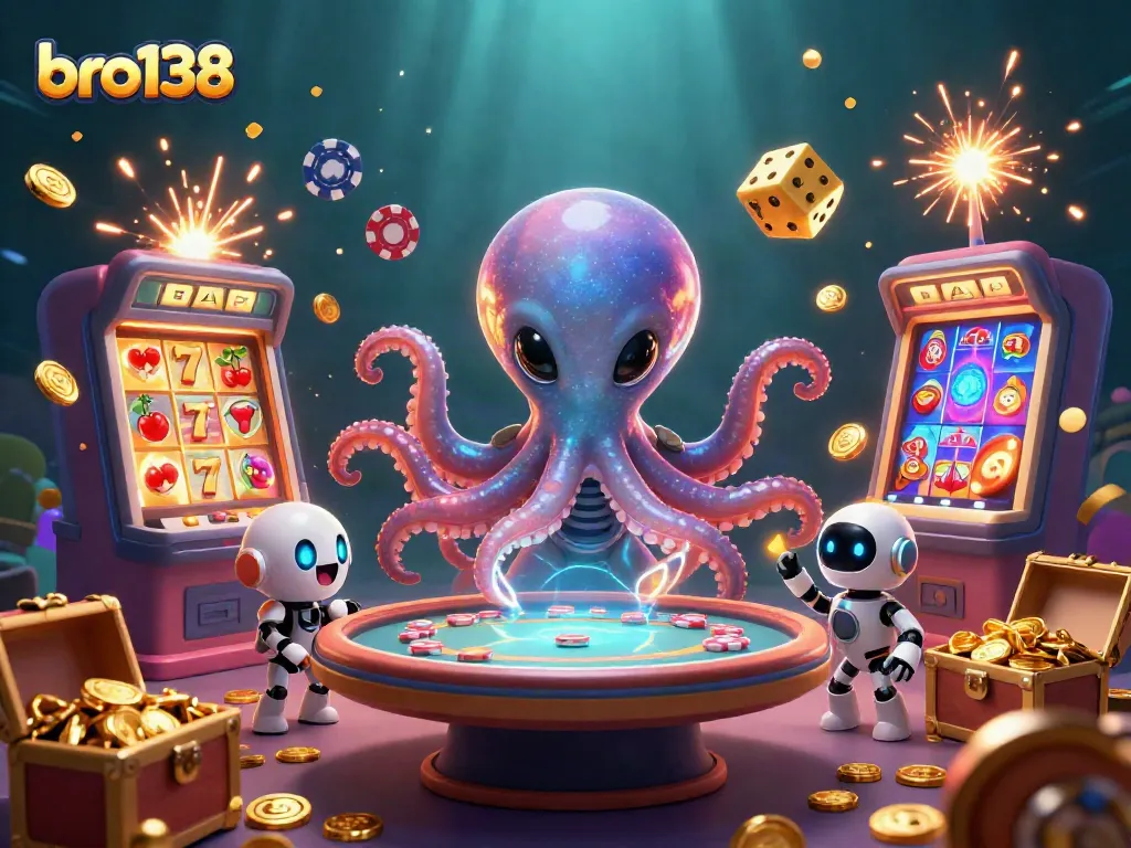 Experience exciting spins at bro138 with a lively alien octopus and jackpot slot machine scene.