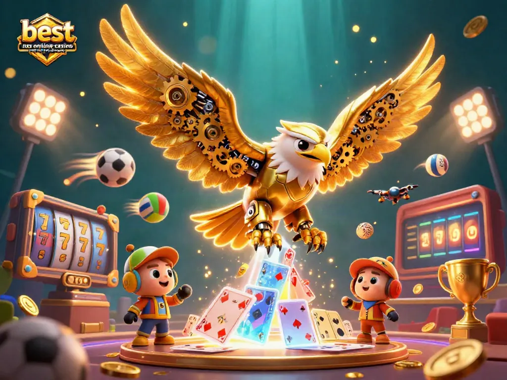 A dynamic scene featuring the best USA online casino no deposit bonus illustrated with a golden eagle and casino elements