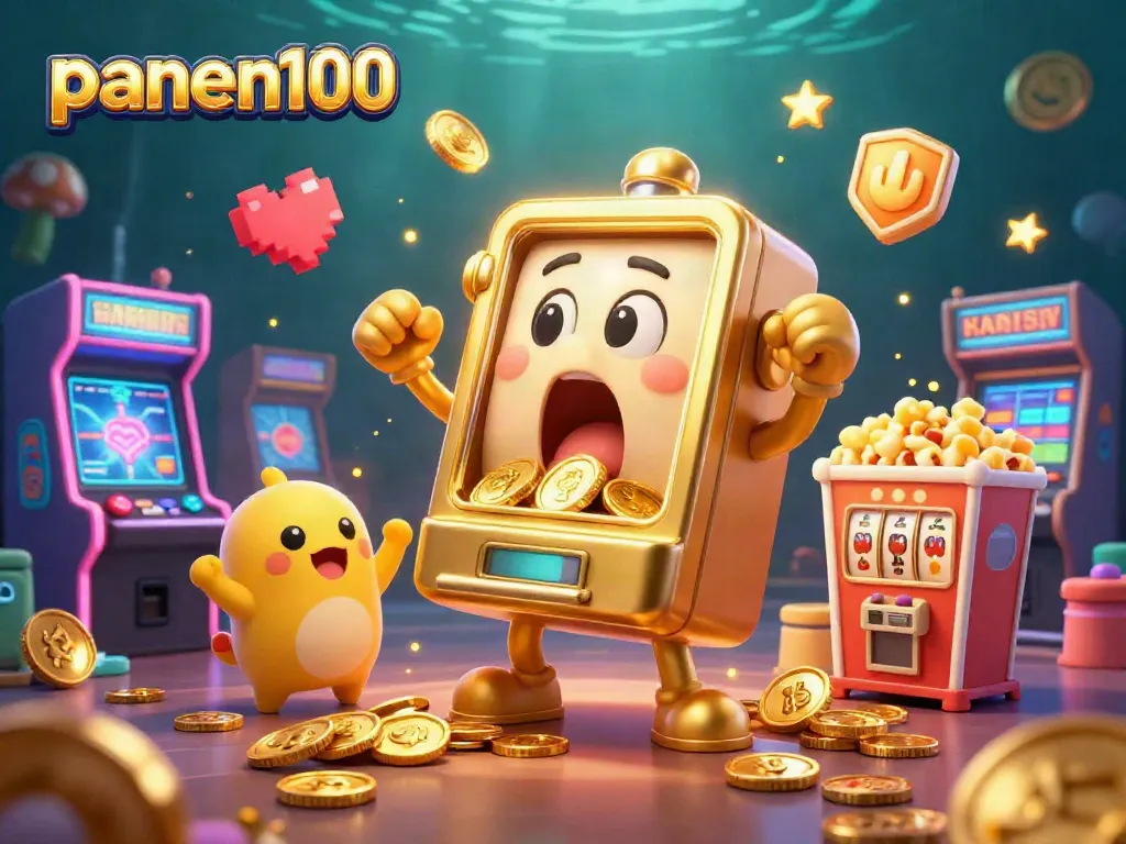 Experience excitement at panen100 with a golden slot machine celebrating a jackpot, surrounded by vibrant casino elements.