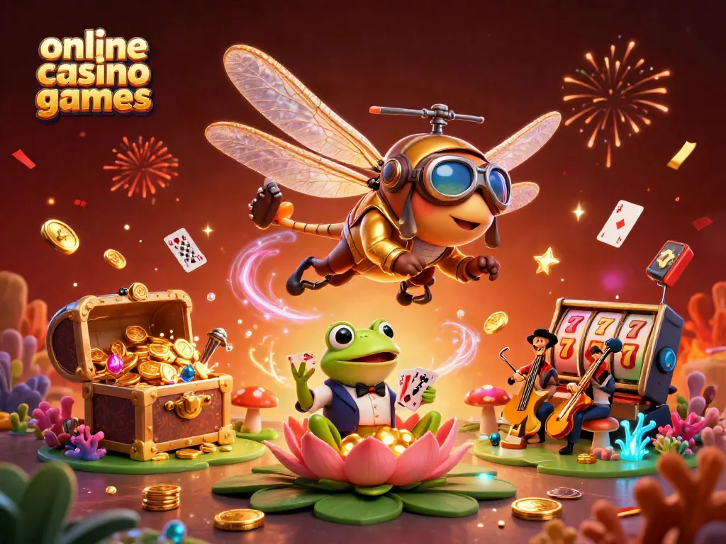 Engage in thrilling online casino games featuring a whimsical scene with dragonfly pilot, frog dealer, and jazz musicians.