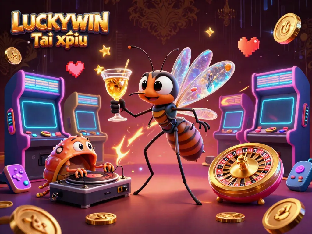 LUCKYWIN Tài xỉu, vibrant casino scene with animated characters and gaming elements.