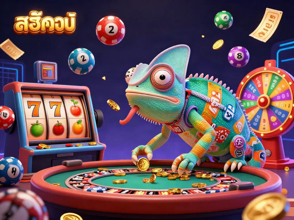 Experience vibrant สล็อตออนไลน์ excitement with a colorful chameleon casino owner and dynamic game elements.
