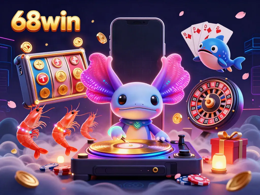 Experience vibrant 68win gaming with a neon DJ, dancing shrimp, and thrilling casino elements.