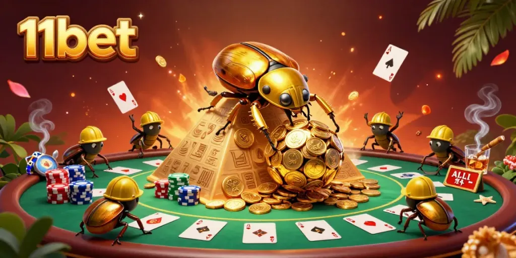 Experience thrilling gaming action at 11bet with vibrant casino elements and golden coins.