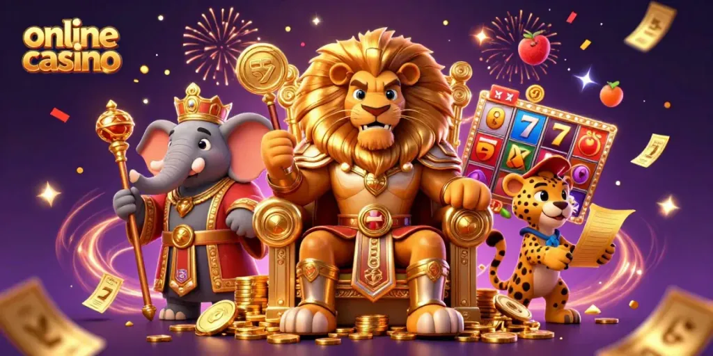 Experience the excitement of an online casino with a regal lion, wise elephant, and swift cheetah surrounded by vibrant game elements.