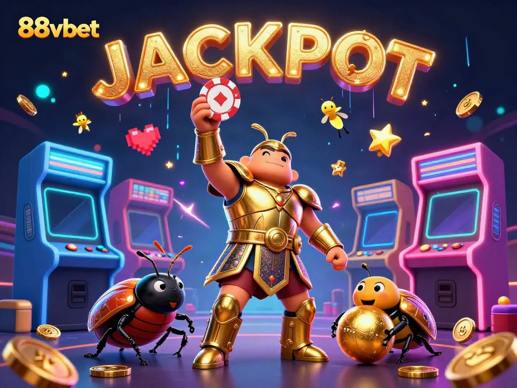 Experience the thrill of 88vbet with a victorious beetle character amidst casino-themed elements.