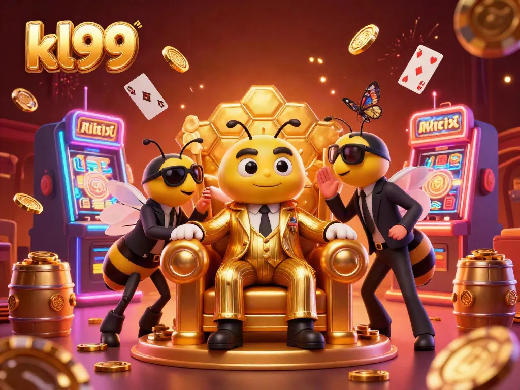 Engage at kl99, where the bumblebee mob boss oversees a vibrant casino scene filled with slots and playing cards.