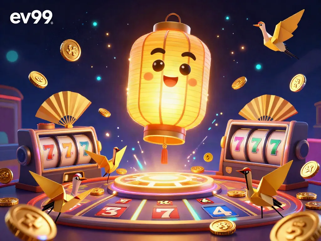 Experience the excitement of gaming at ev99 with a glowing lantern spirit and dynamic casino elements.