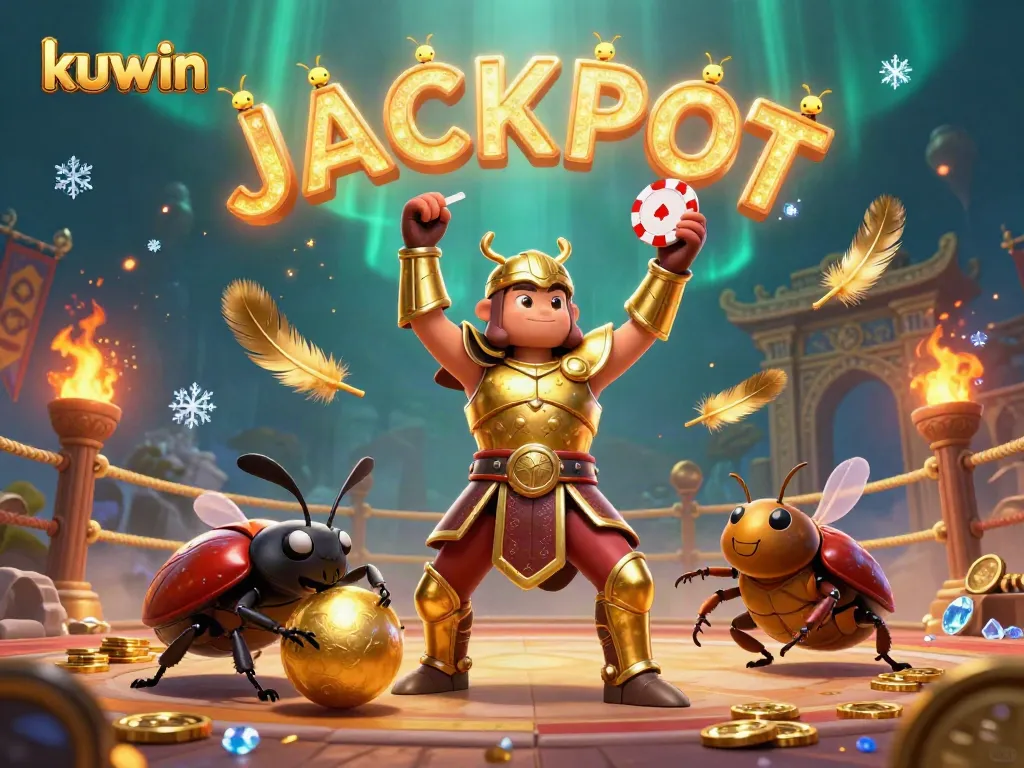 Kuwin hercules beetle celebrates a victory with a poker chip amid a vibrant casino scene.