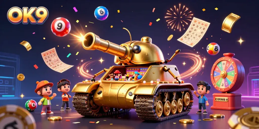Experience the vibrant energy of OK9 with a golden beetle tank revealing an exciting casino atmosphere.