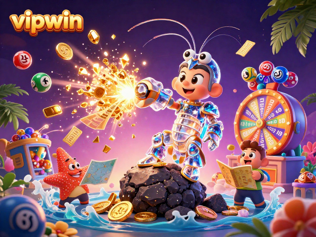 Experience thrilling wins with vipwin in a vibrant 3D casino scene featuring gambling elements.