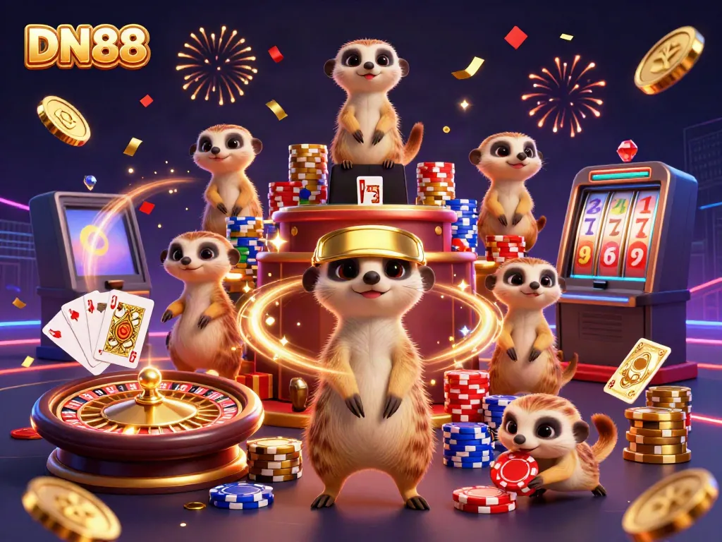 Experience the thrill of gaming at DN88, where a colony of meerkats run a vibrant casino surrounded by glittering coins and cards.