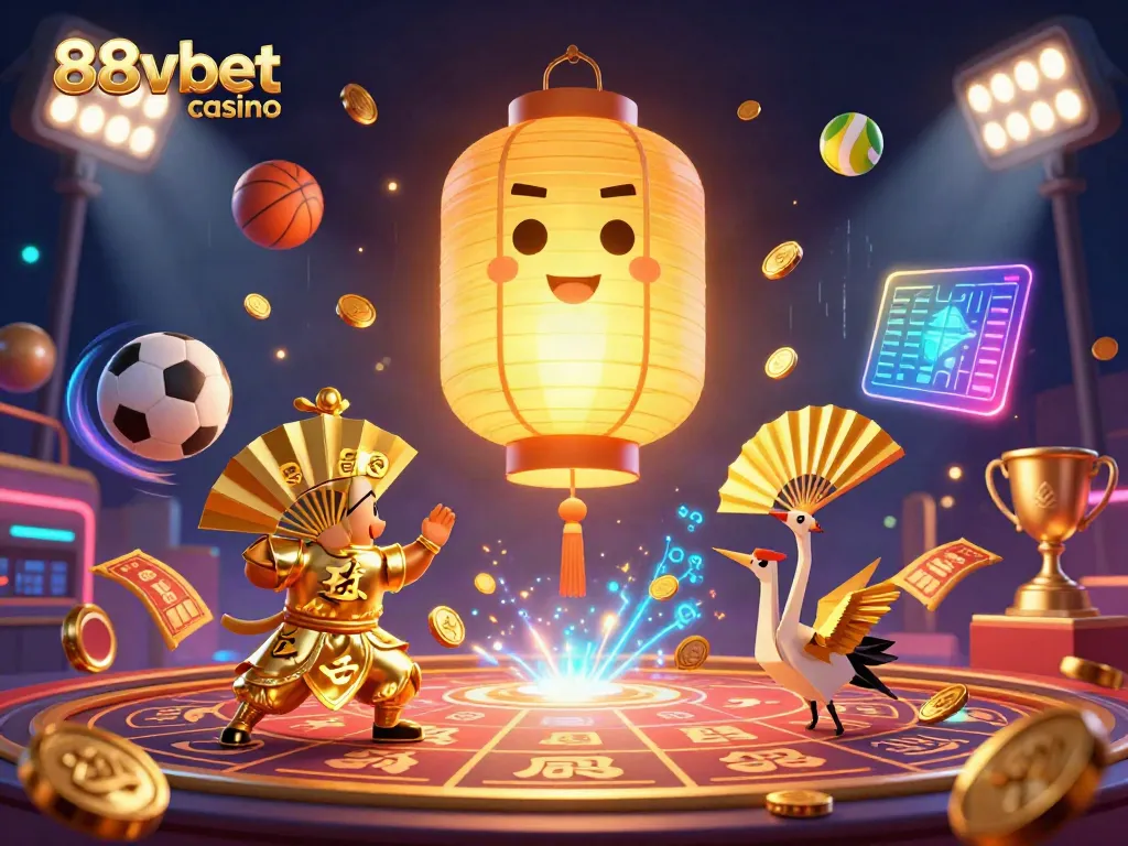 Experience the vibrant energy of the 88vbet casino in a dynamic 3D scene with golden lantern spirit and lucky symbols.