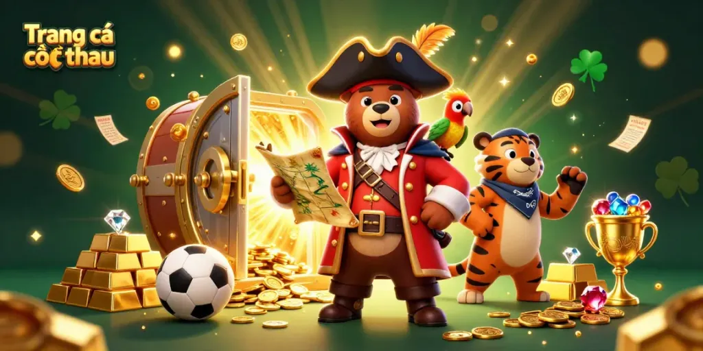 Experience Trang cá cược thể thao with a vibrant 3D scene of a pirate captain bear, tiger mate, and treasures.