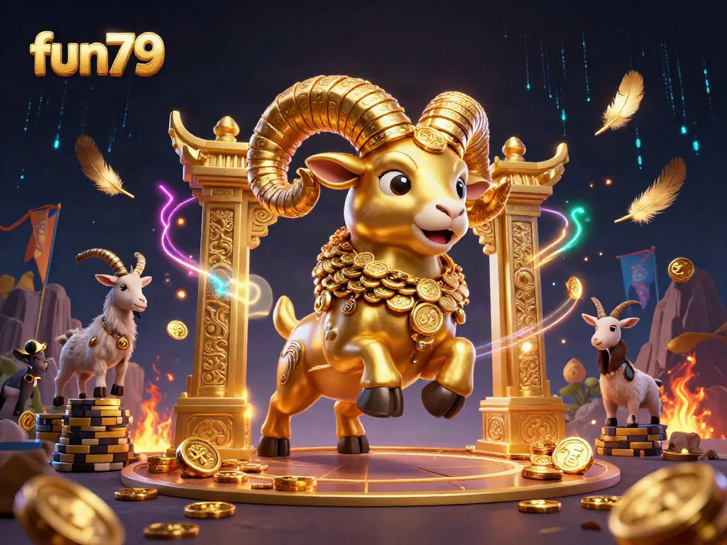 Engage with fun79's thrilling online casino experience, featuring dynamic gold ram charging towards a golden gate.