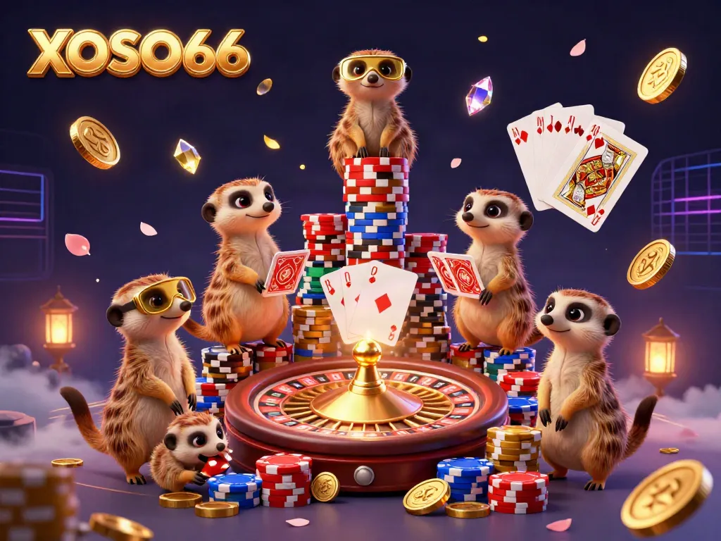 Experience the vibrant casino atmosphere at XOSO66, featuring cartoon meerkats running a lively operation with dazzling game elements.