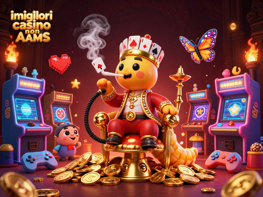 I migliori casino non AAMS: un'illustrazione 3D con un enorme bruco maestro di narghilè in un regno da sultanato tra elementi di gioco e simboli delle carte