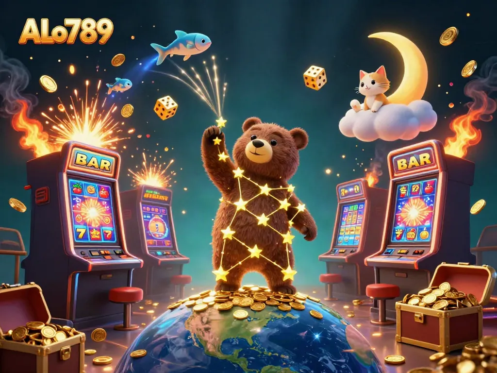 Experience the excitement of ALo789 with a vibrant illustration featuring casino elements and a constellation bear.