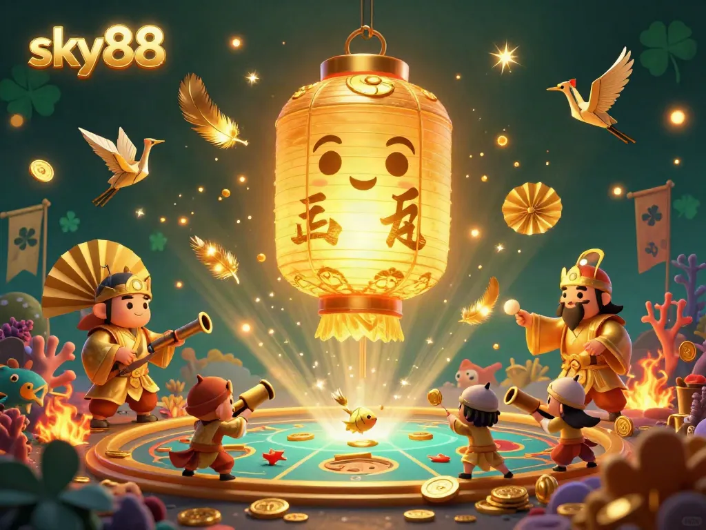 Engage in thrilling action at sky88's vibrant fish shooting casino with floating lantern spirit and dynamic characters.