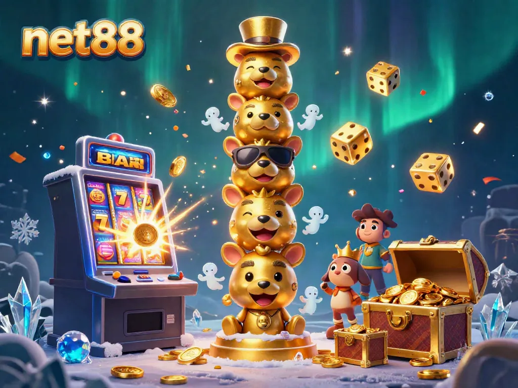 Experience the excitement of net88 with a vibrant 3D casino scene filled with dynamic game elements and a totem pole centerpiece.