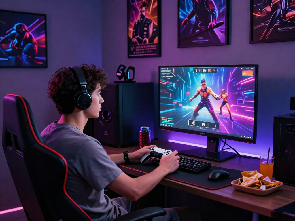 Engaged gamer playing interactive porn ganes in a vibrant virtual gaming setup.