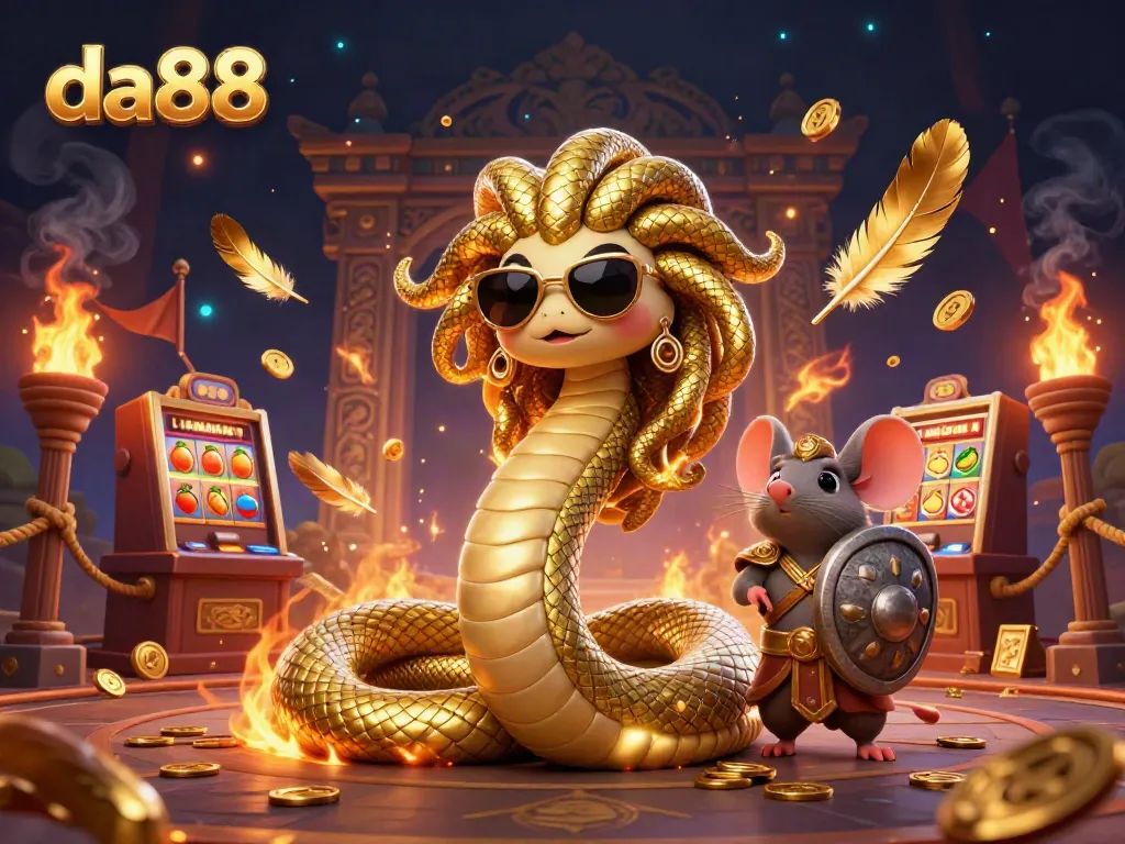 Experience enthralling gaming at da88 with Medusa and a warrior mouse in a dynamic casino illustration.