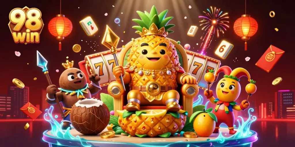 Play and win big with 98 win in a vibrant, dynamic casino scene filled with exciting characters and games.