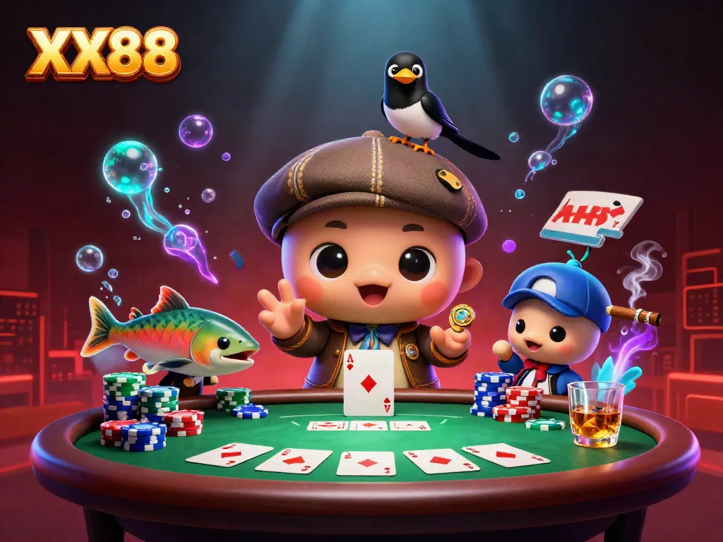Experience winning moments at XX88 with playful characters and vibrant poker elements.