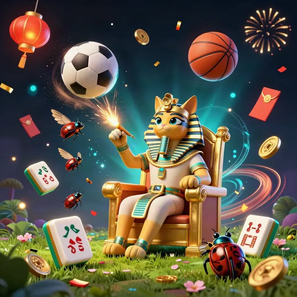 Pharaoh cat throne scene with scarabs, coins, lanterns, and sports props in neon casino light