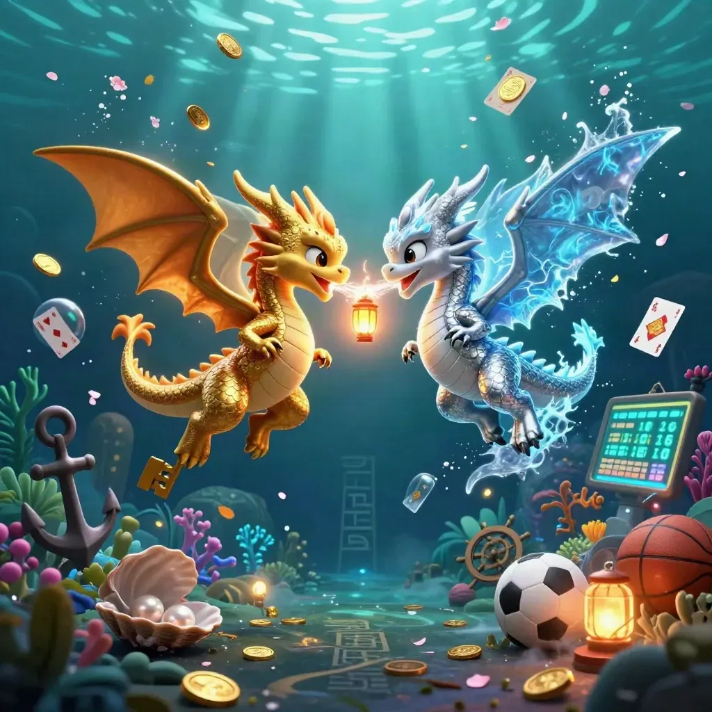 Gold and silver dragons spiral above an underwater casino cove with sports balls and relics.