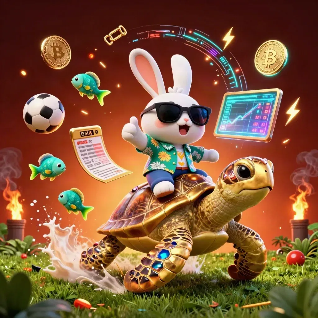 Lucky rabbit rides a gem-shell turtle amid coins, sports balls, embers and neon casino effects.