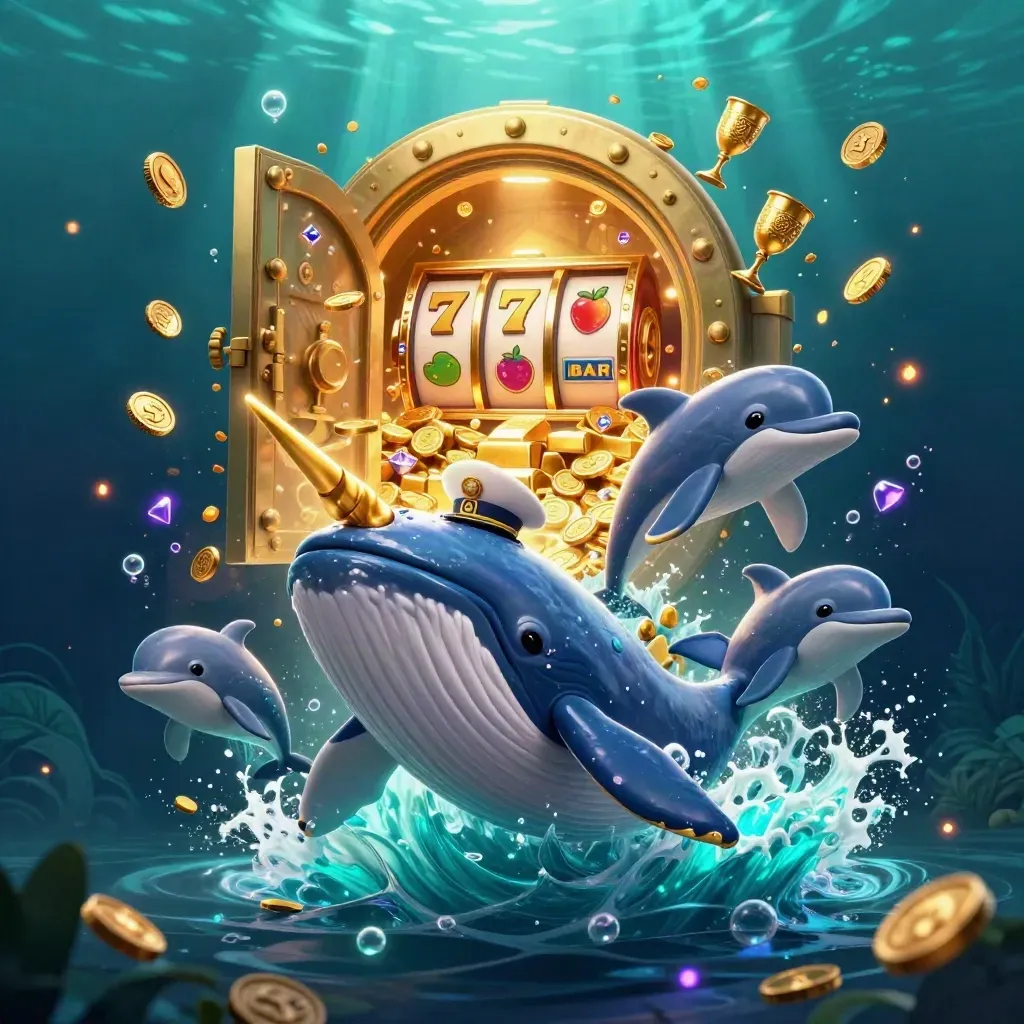 Whale, narwhal, and dolphins burst from treasure with glowing coin chaos underwater.