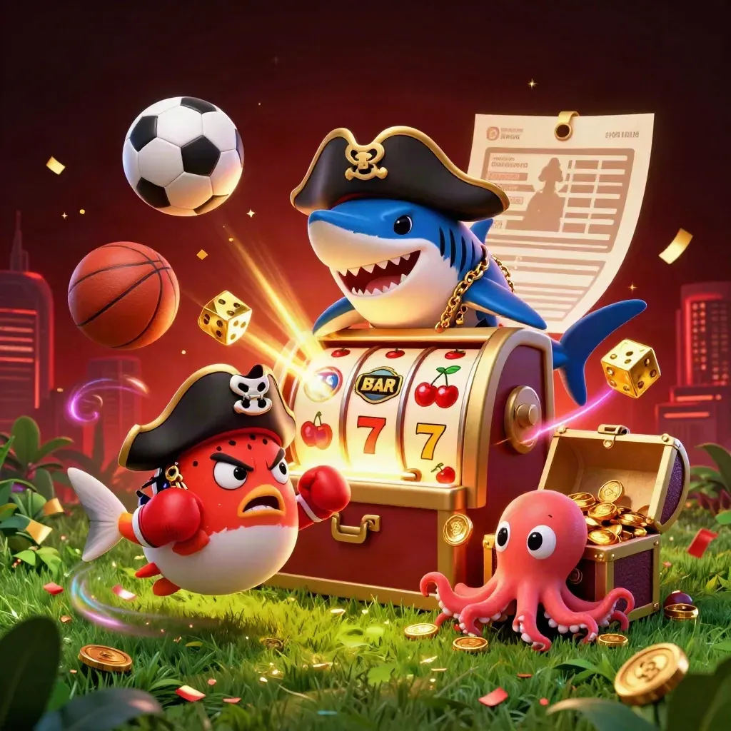 Pirate shark, pufferfish and baby octopus amid slot burst, coins, balls, confetti and neon casino light.