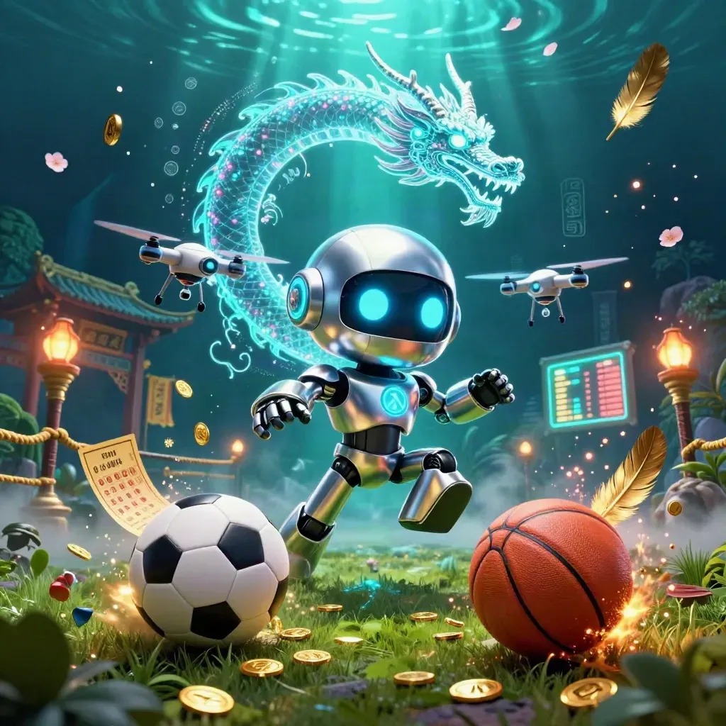 Chrome robot, holographic dragon, coin drone, balls, coins, petals, teal-gold casino glow.