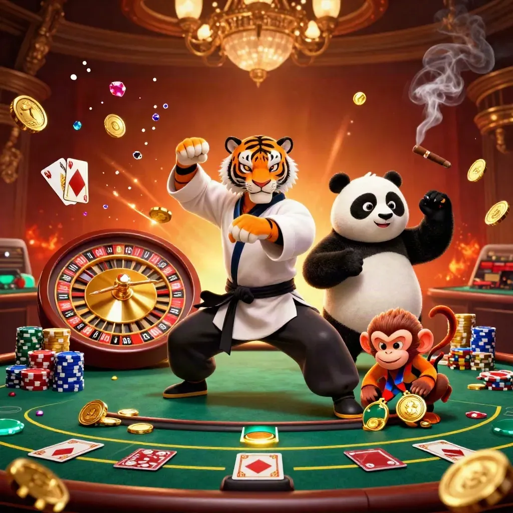 Kung-fu tiger, panda, and monkey in a luxe casino with coins, gems, roulette wheel, and chandelier.