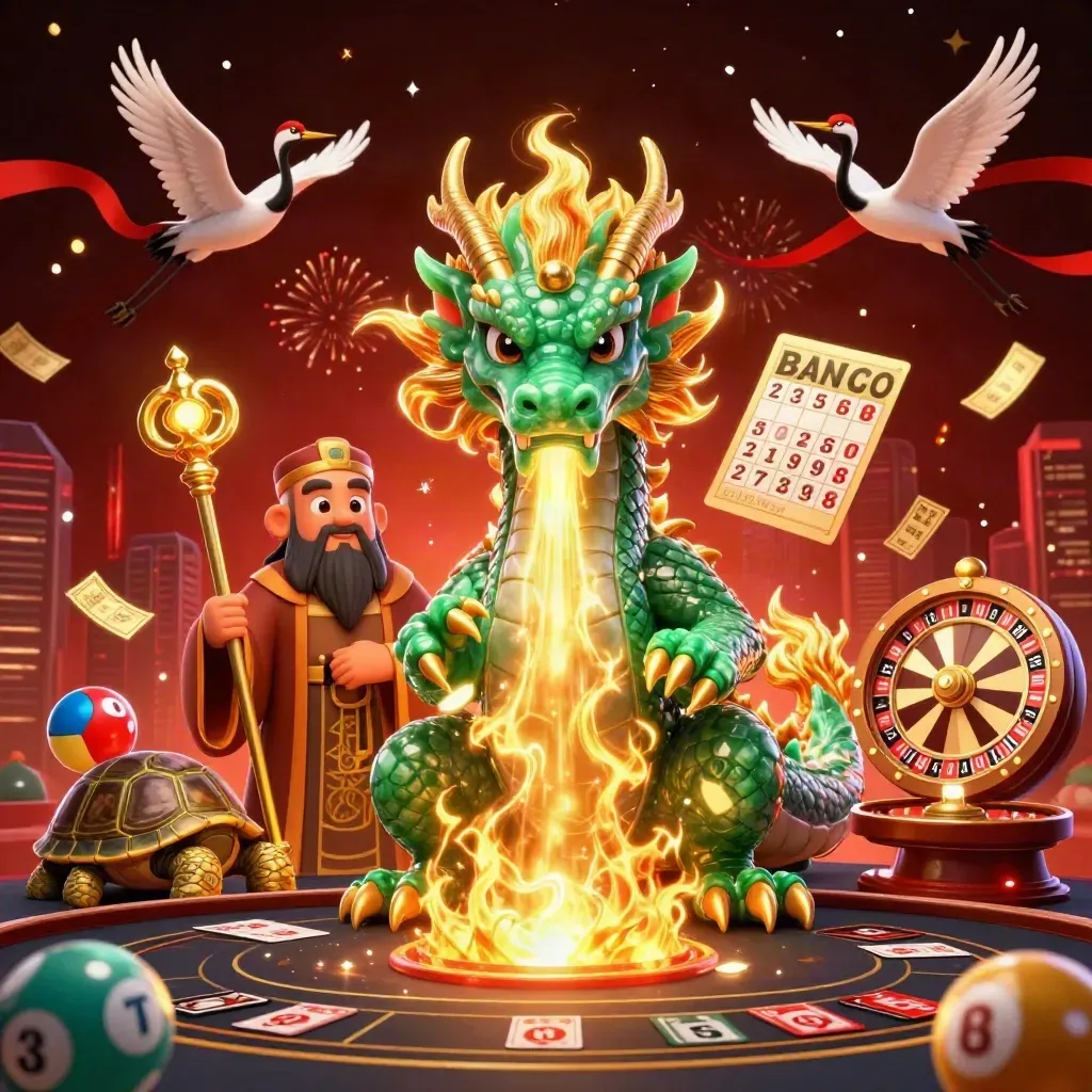 Dragon, turtle sage, and cranes amid casino effects, fireworks, and a red-black skyline