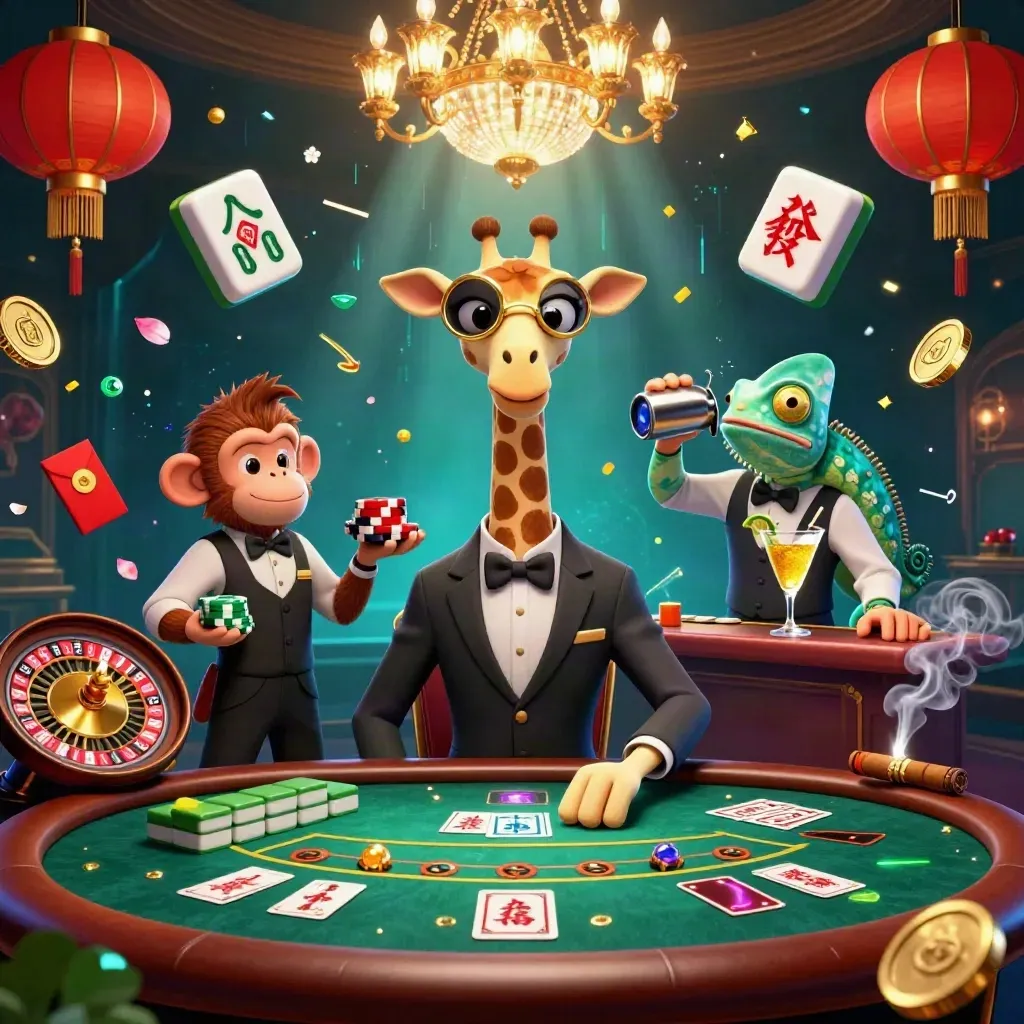 Giraffe high roller, monkey valet, and chameleon bartender in a luxe neon casino under chandelier glow.